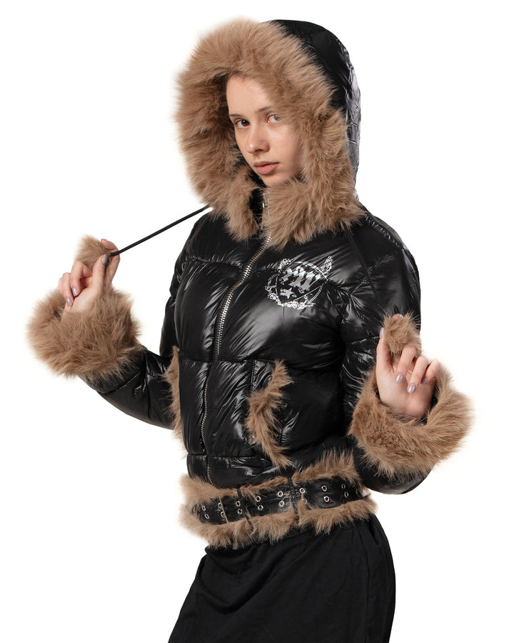 Indira | Women’s slim-fit shiny puffer jacket with detachable faux fur parts