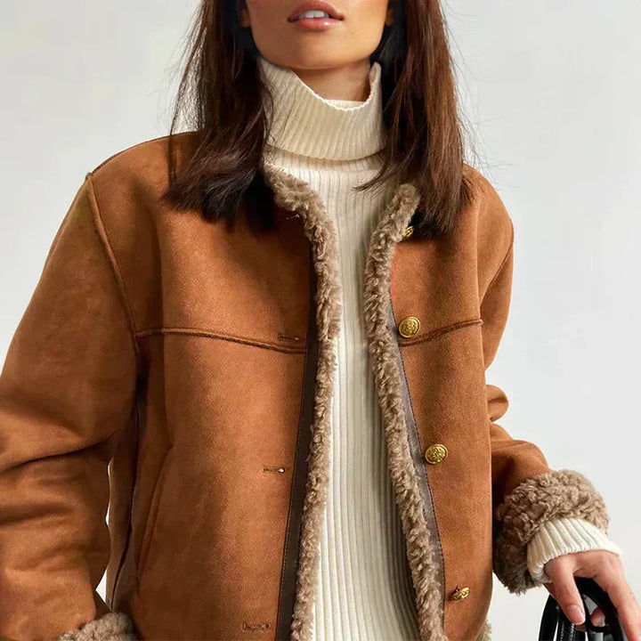 Katie | Women’s buttoned faux shearling lined suede jacket
