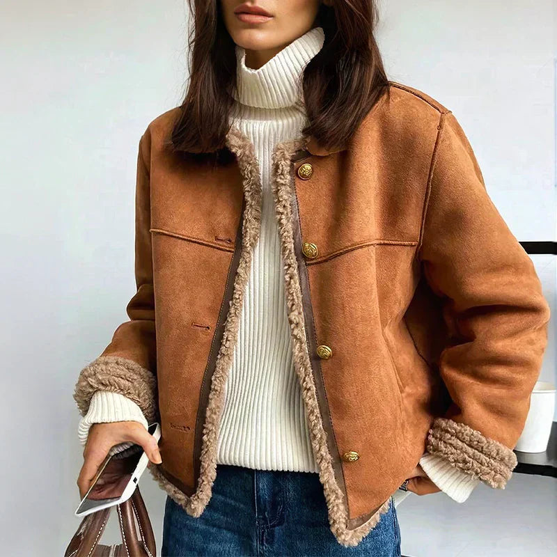Katie | Women’s buttoned faux shearling lined suede jacket