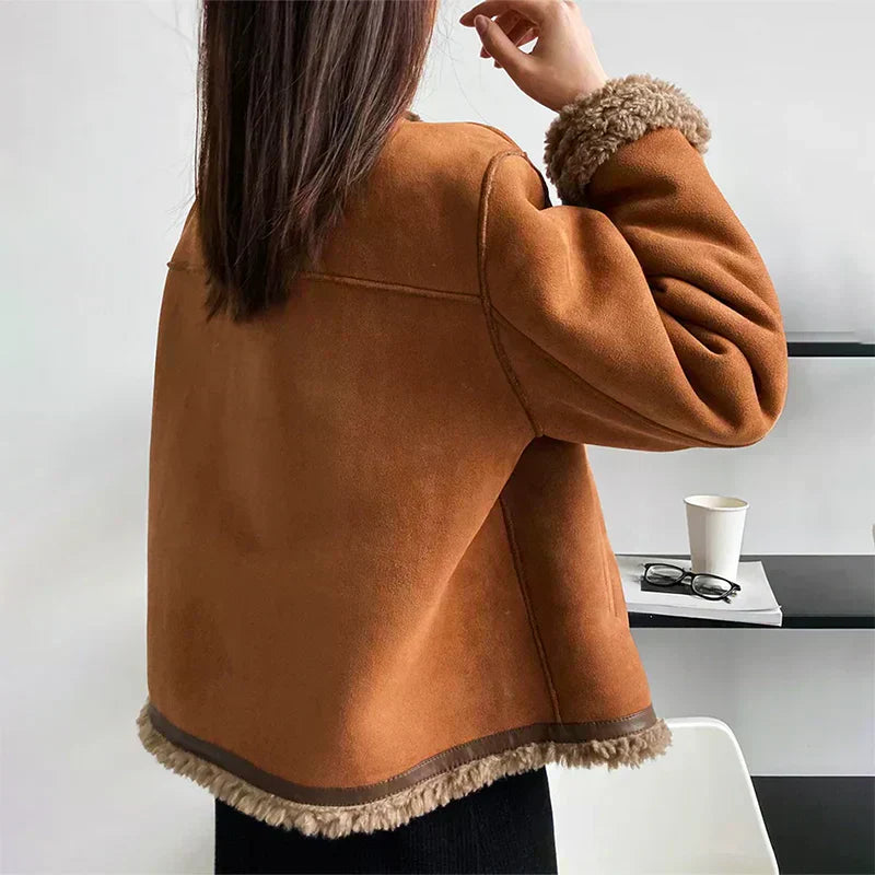 Katie | Women’s buttoned faux shearling lined suede jacket