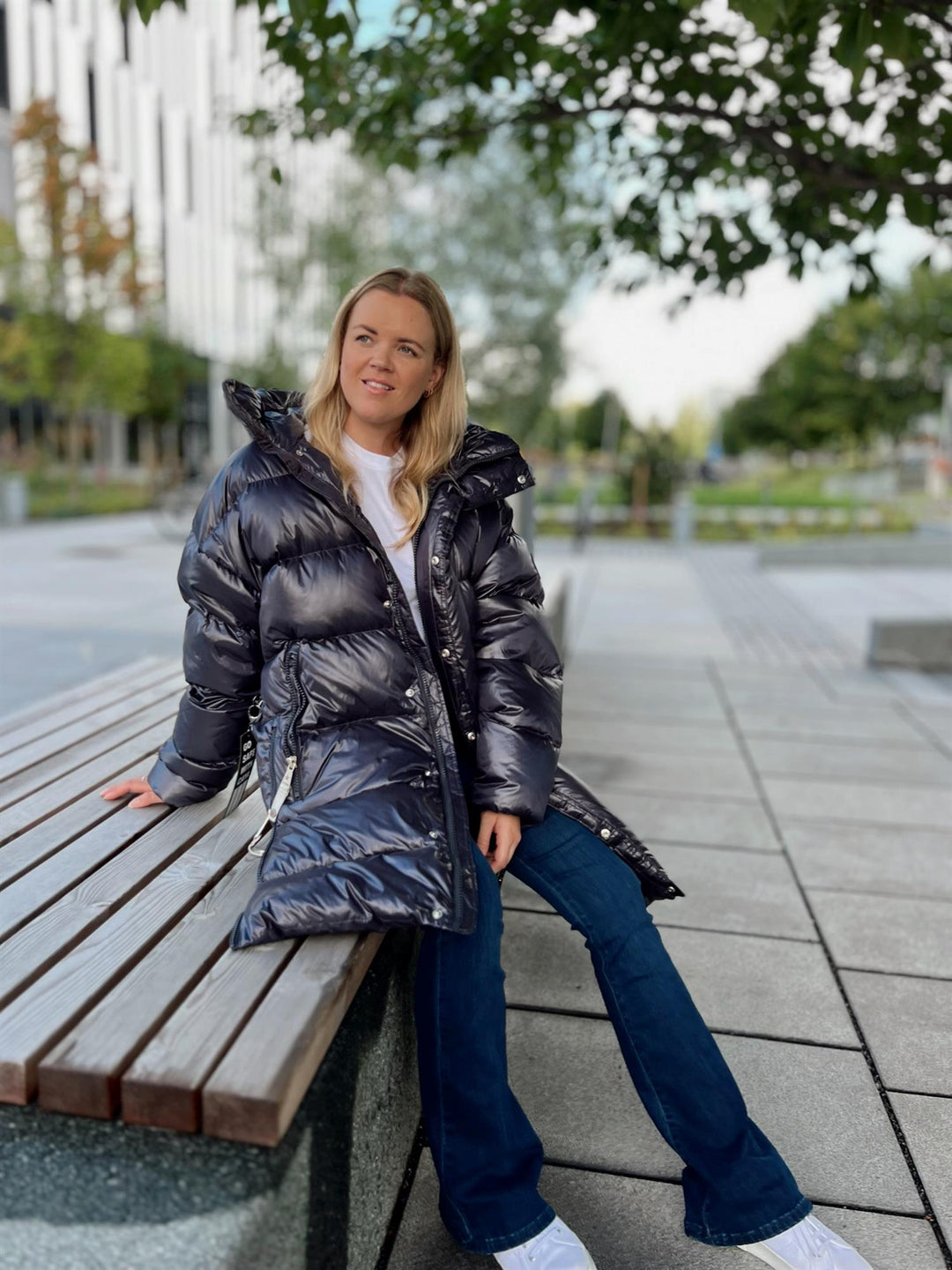 Aliya | Women’s long down puffer coat with hood and side-zip detailing