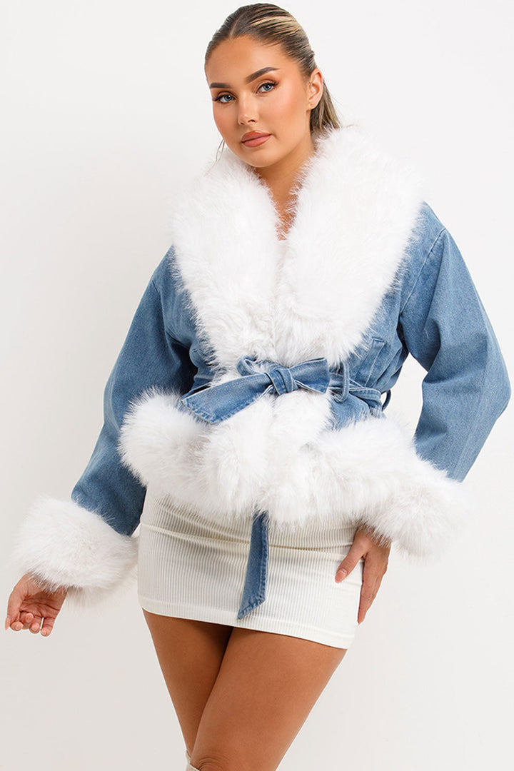 Faelynn | Women’s faux fur denim jacket with belt