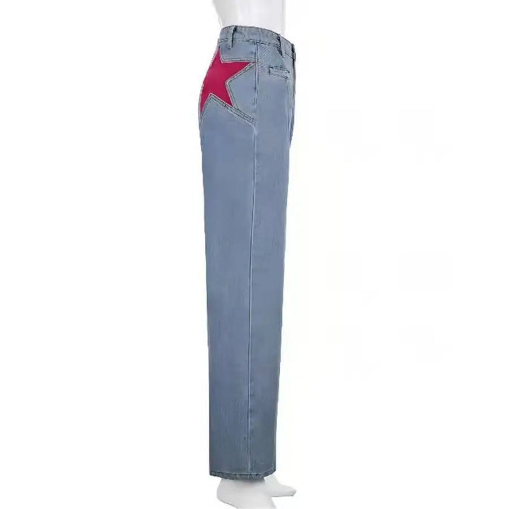 Blue Stylish jeans with star patchwork accent for women