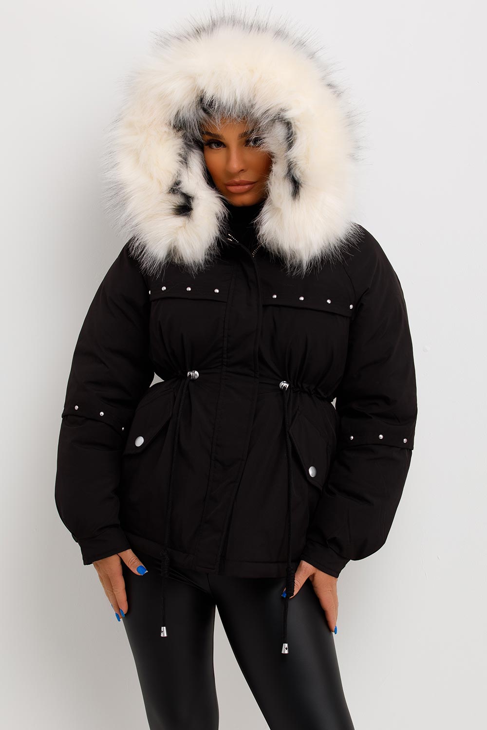 Milena | Women’s faux fur hood coat with stud detail