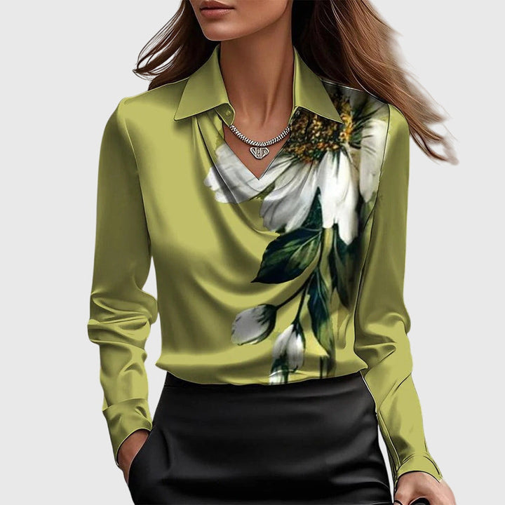 Sylvie | Blouse with pleated neckline and subtle sheen