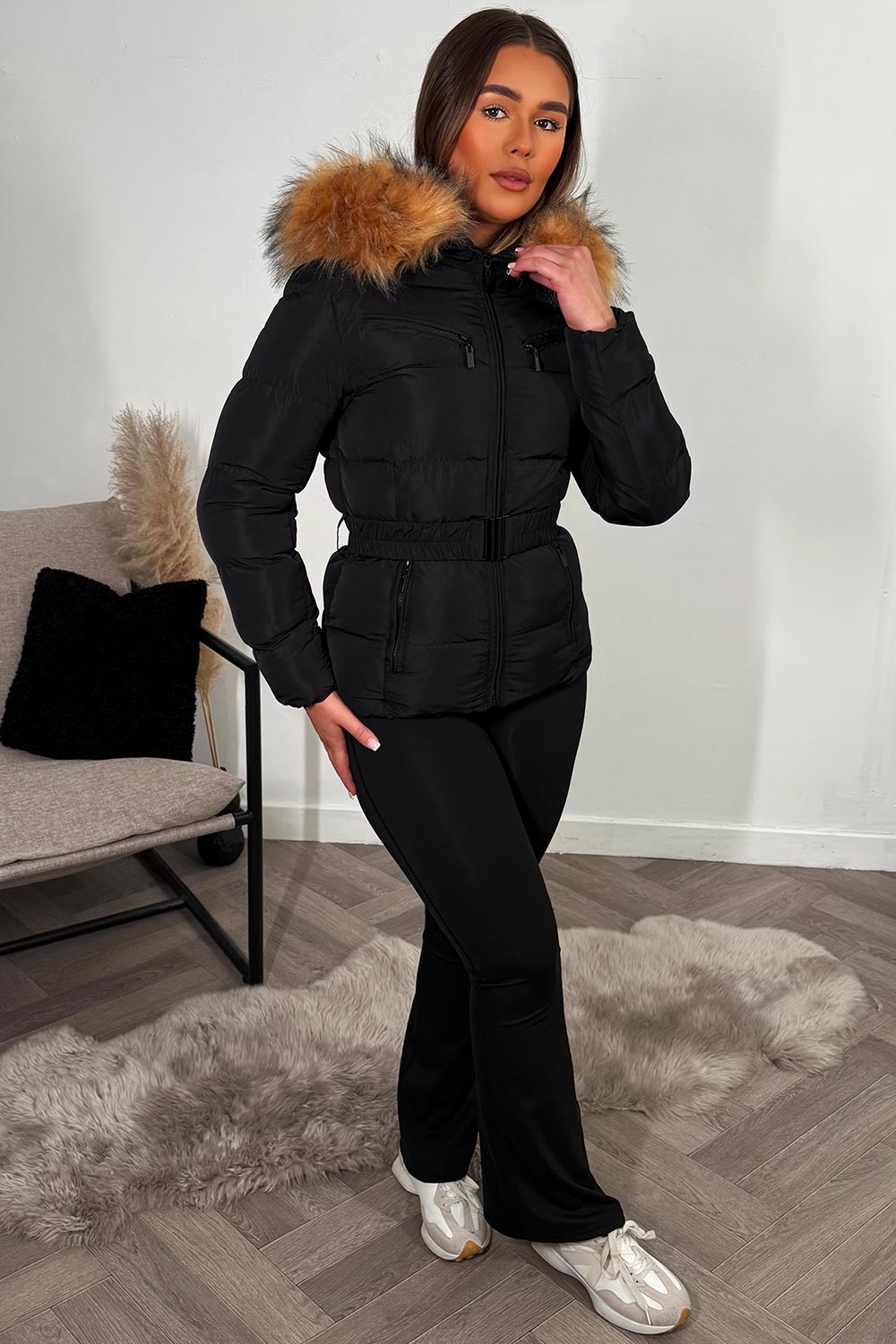 Ameliee | Women’s belted puffer jacket with faux fur hood