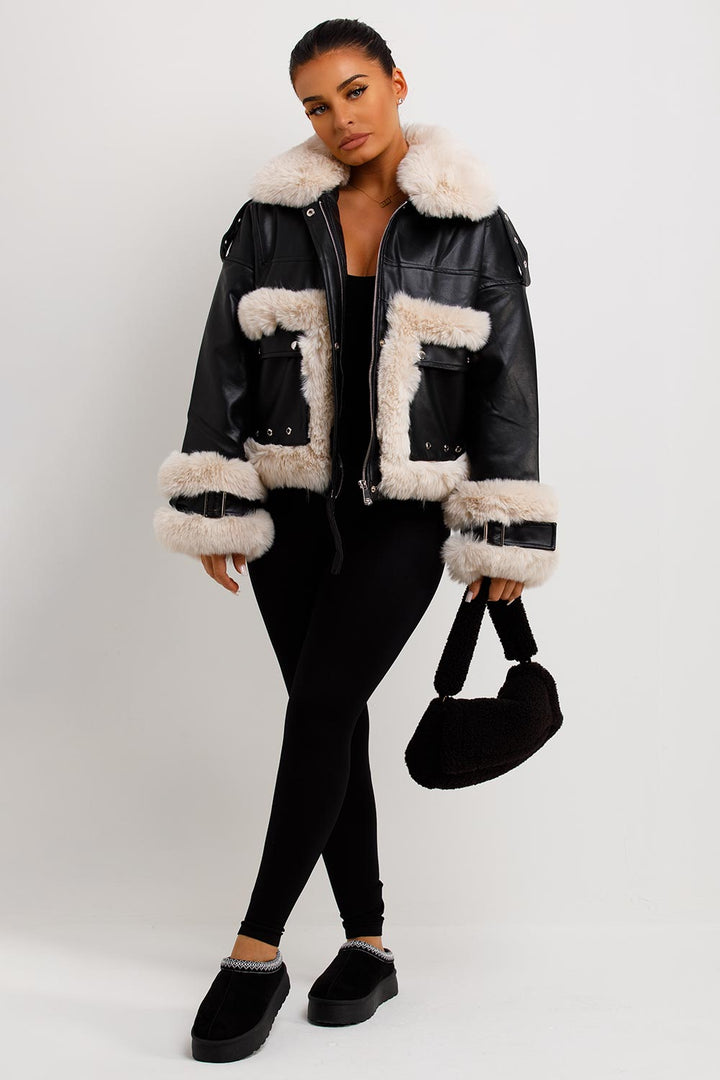 Jayla | Women’s faux leather jacket with contrast faux fur trim