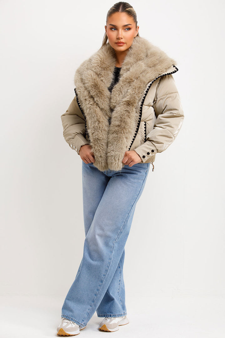 Nataly | Women’s faux fur collar puffer jacket with contrast stitch trim