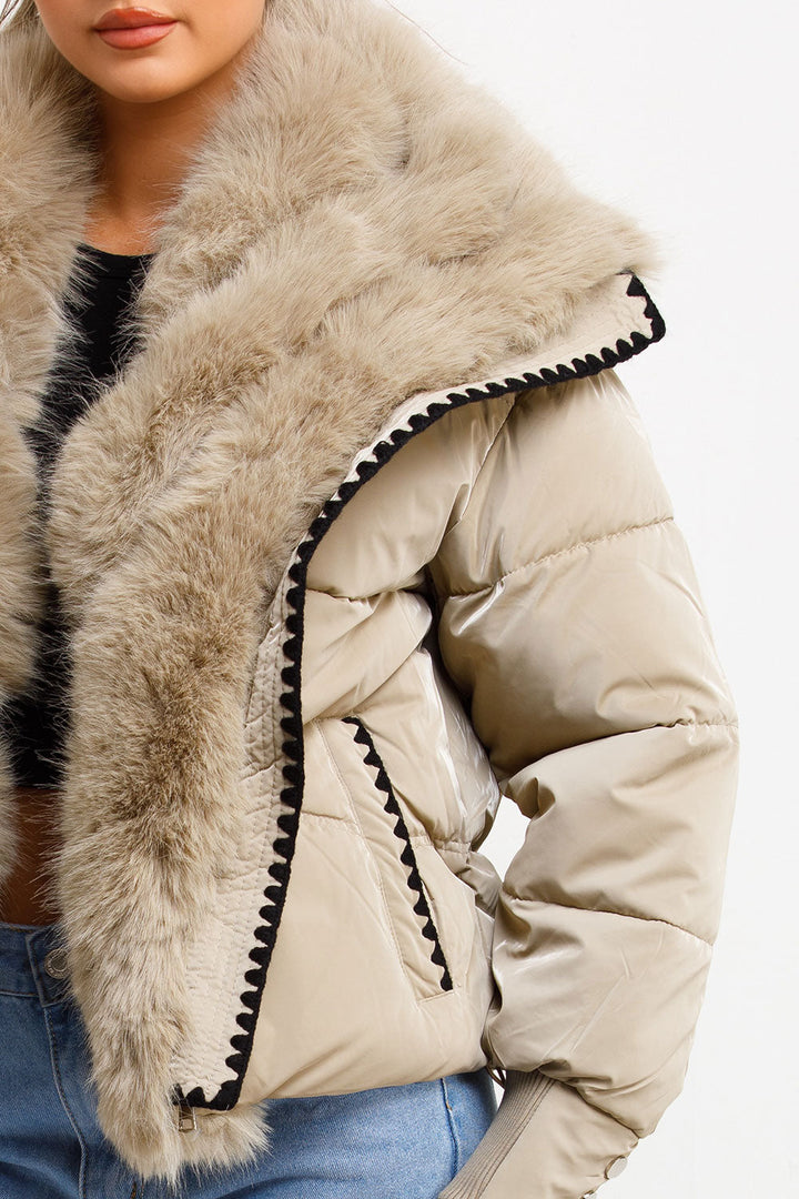 Nataly | Women’s faux fur collar puffer jacket with contrast stitch trim
