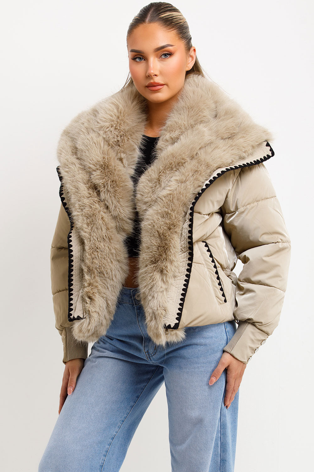 Nataly | Women’s faux fur collar puffer jacket with contrast stitch trim