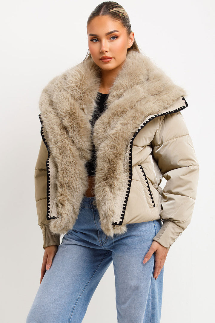 Nataly | Women’s faux fur collar puffer jacket with contrast stitch trim