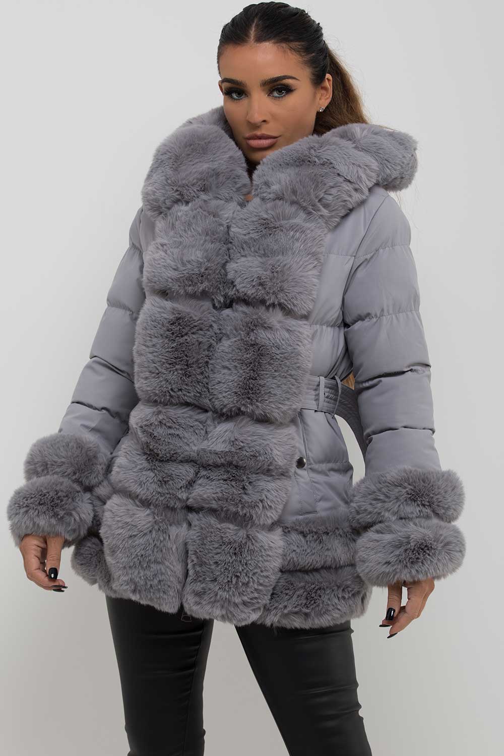 Kiana |  Women’s faux fur trim hooded puffer jacket with belt