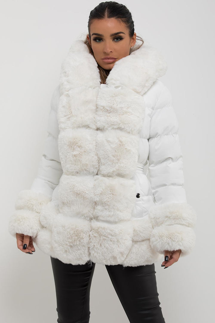 Monica | Women’s faux fur trim hooded puffer jacket with belt