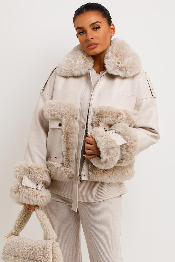 Callista | Women’s faux leather jacket with faux fur trim