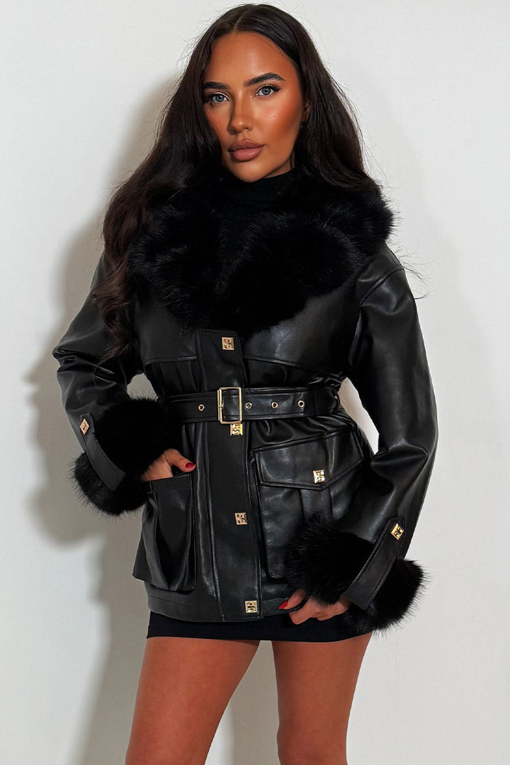 Kenna | Women’s faux leather jacket with detachable faux fur collar and cuffs