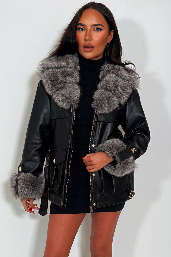 Yaneli | Women’s faux leather jacket with faux fur collar and cuffs