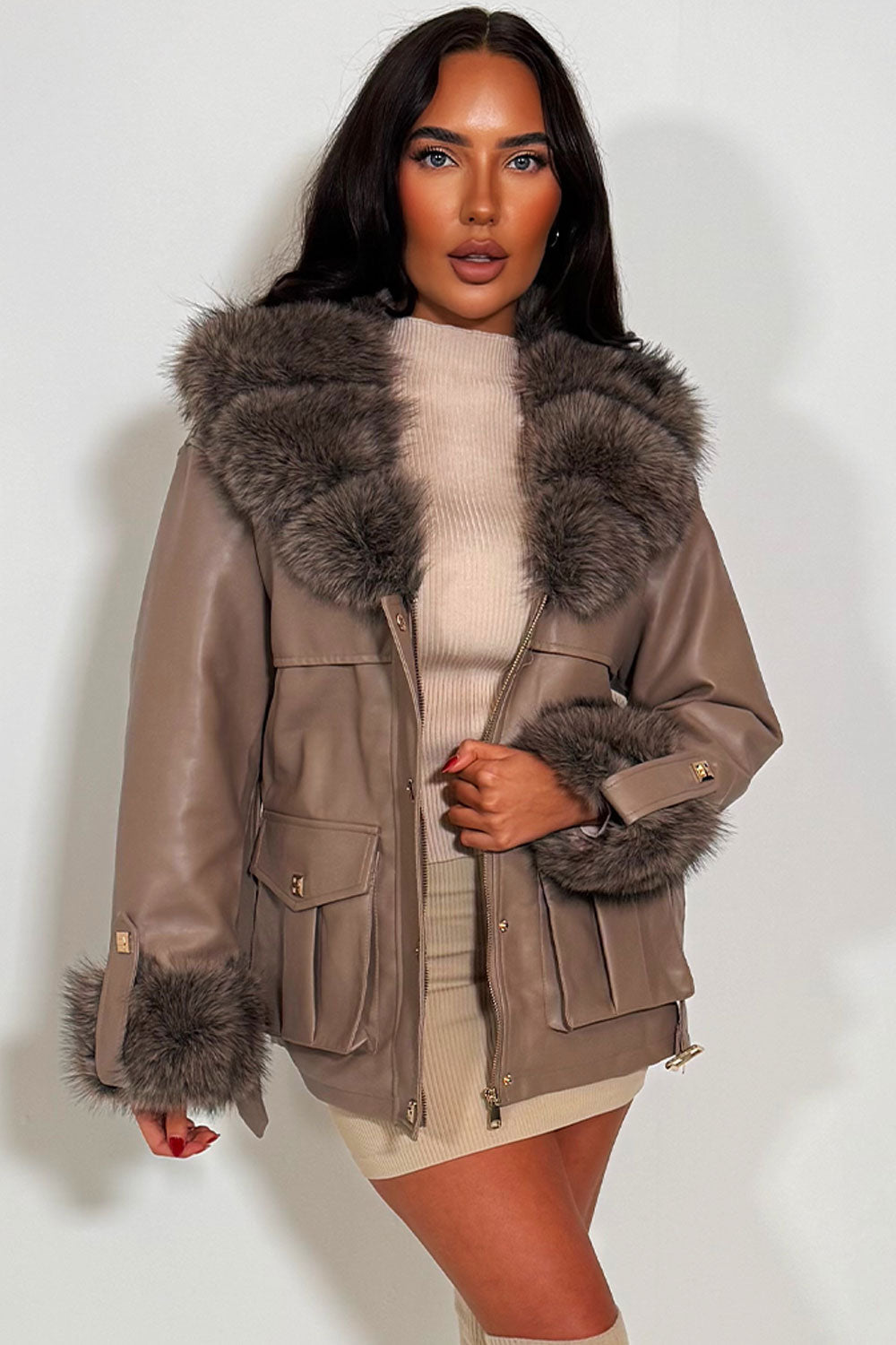 Zaria | Women’s faux leather jacket with detachable faux fur collar and cuffs