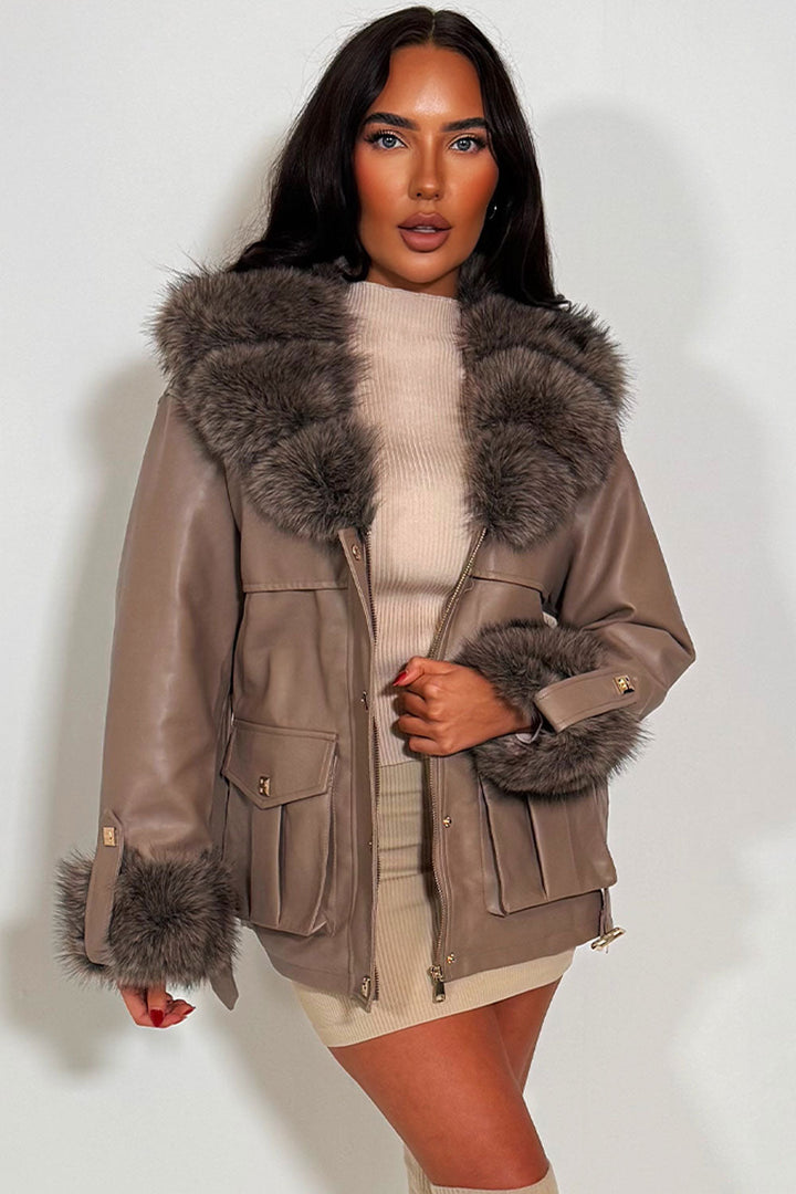 Zaria | Women’s faux leather jacket with detachable faux fur collar and cuffs