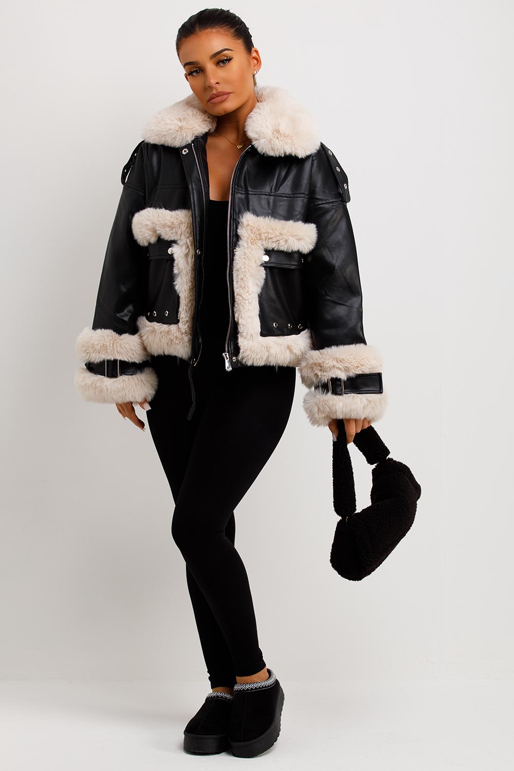 Jayla | Women’s faux leather jacket with contrast faux fur trim