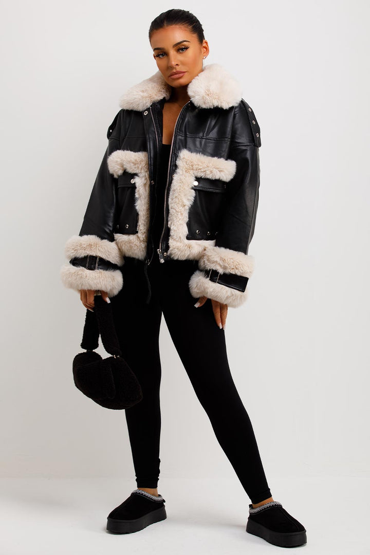 Jayla | Women’s faux leather jacket with contrast faux fur trim