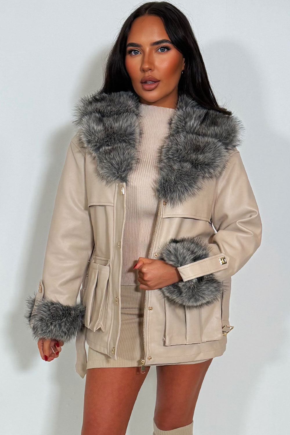 Brisa | Women’s faux leather jacket with faux fur collar and cuffs