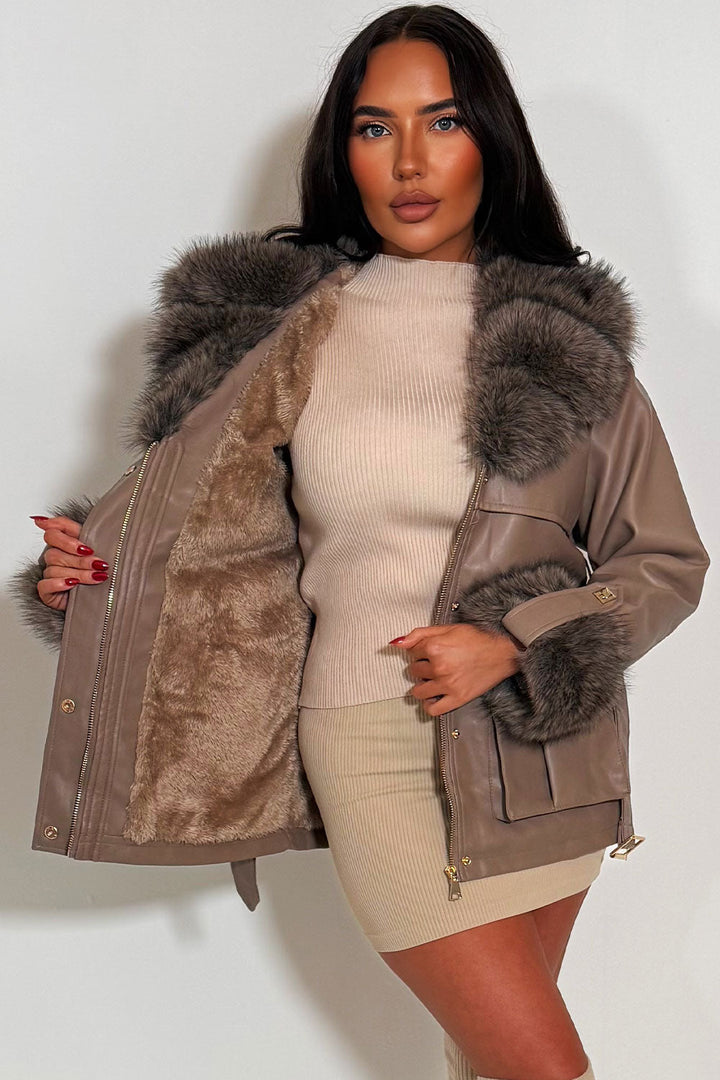 Zaria | Women’s faux leather jacket with detachable faux fur collar and cuffs