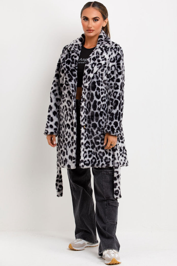 Arlieh | Women’s leopard print faux fur belted coat