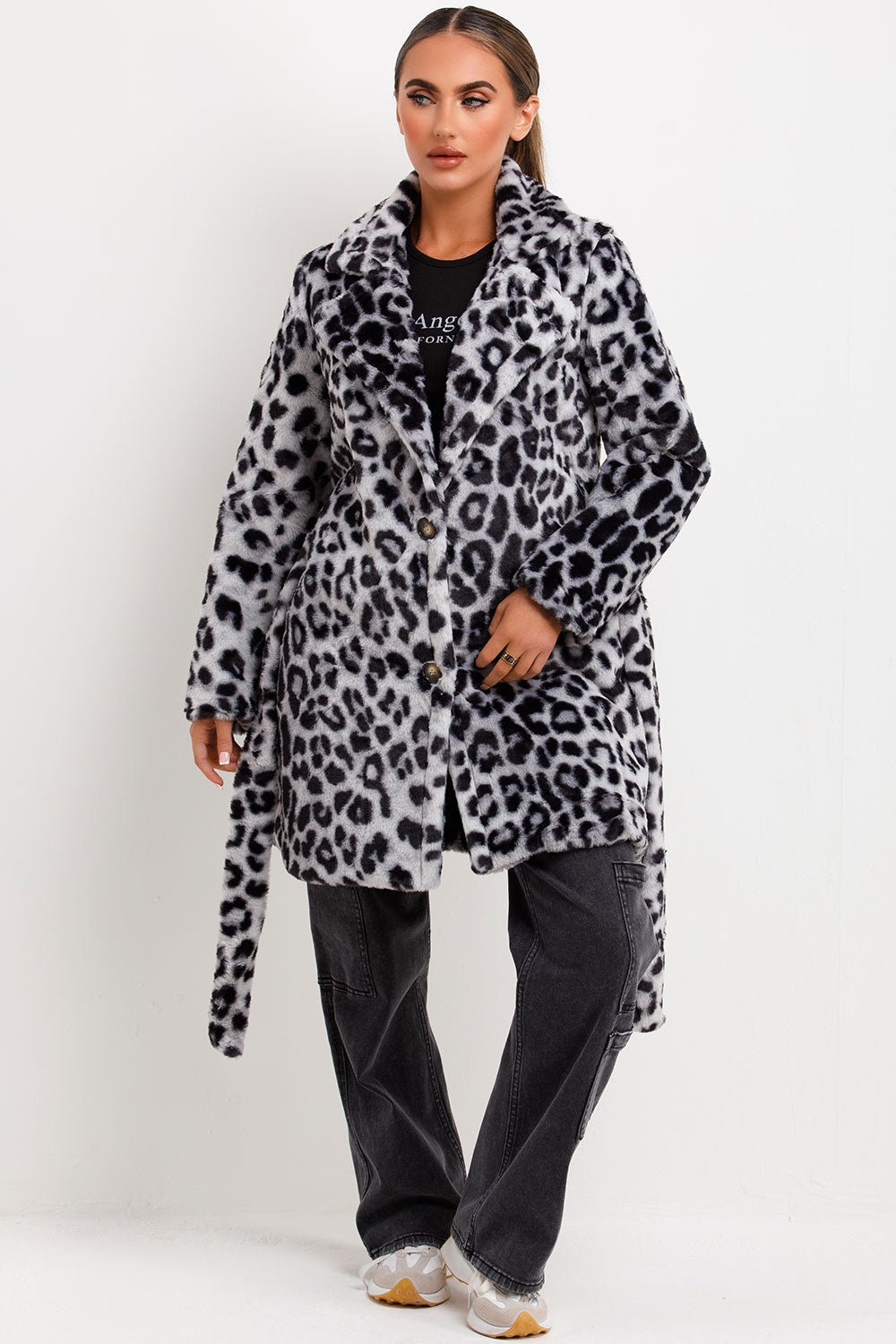 Arlieh | Women’s leopard print faux fur belted coat