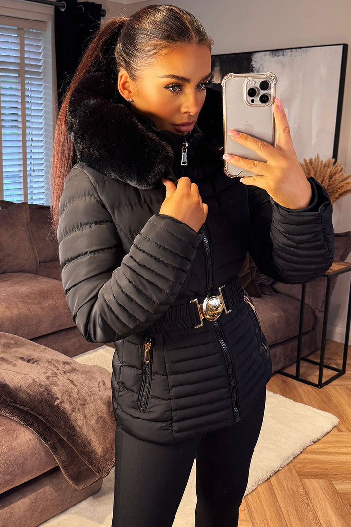 Kahlani | Women’s padded puffer jacket with faux fur hood and belt