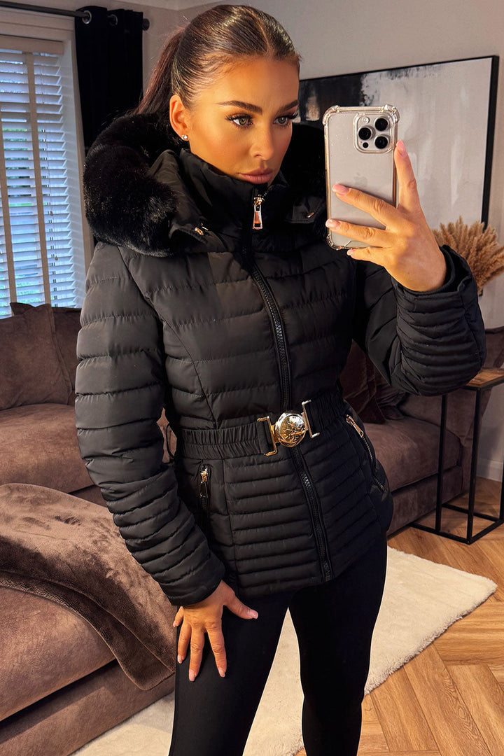 Kahlani | Women’s padded puffer jacket with faux fur hood and belt