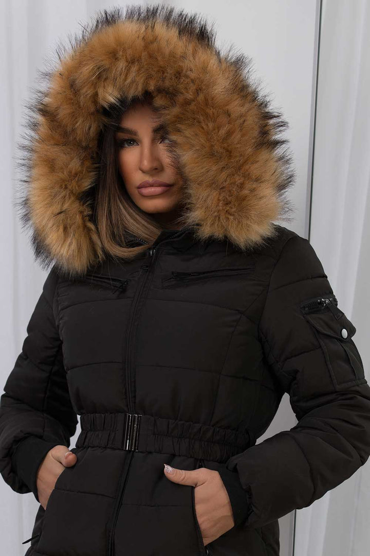 Ameliee | Women’s belted puffer jacket with faux fur hood