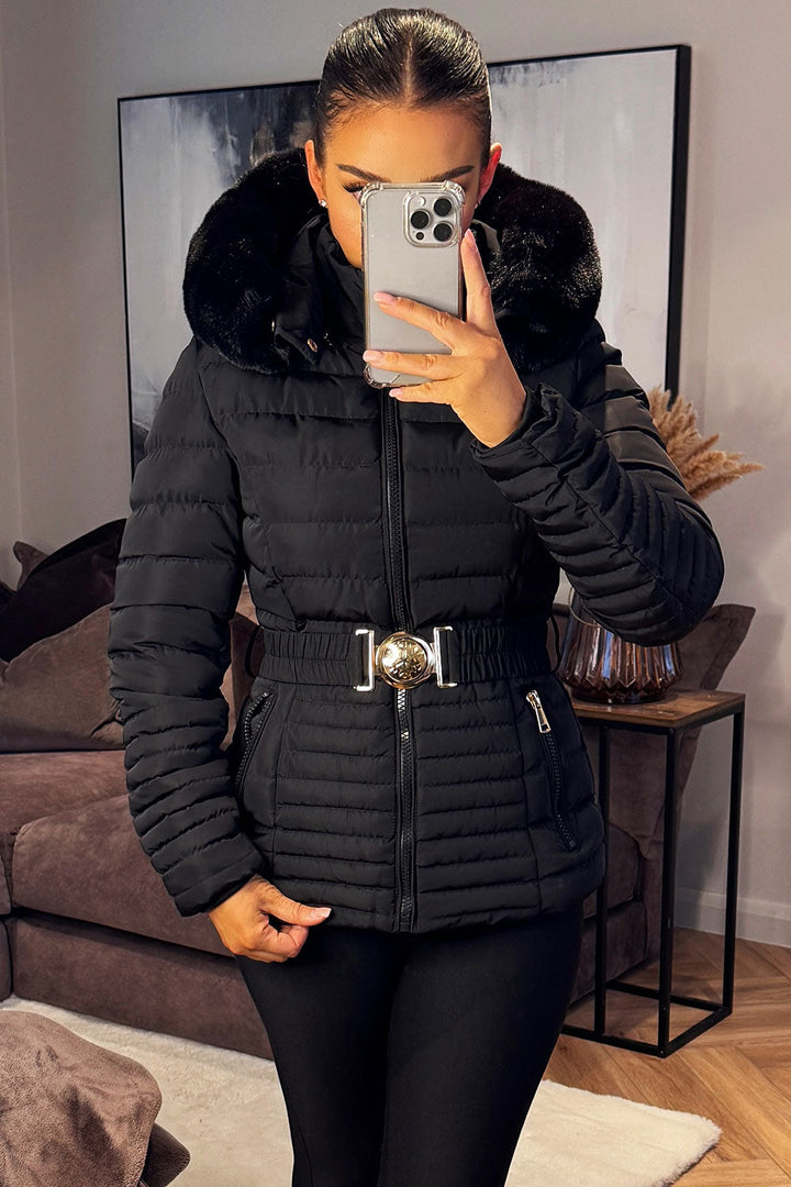 Kahlani | Women’s padded puffer jacket with faux fur hood and belt