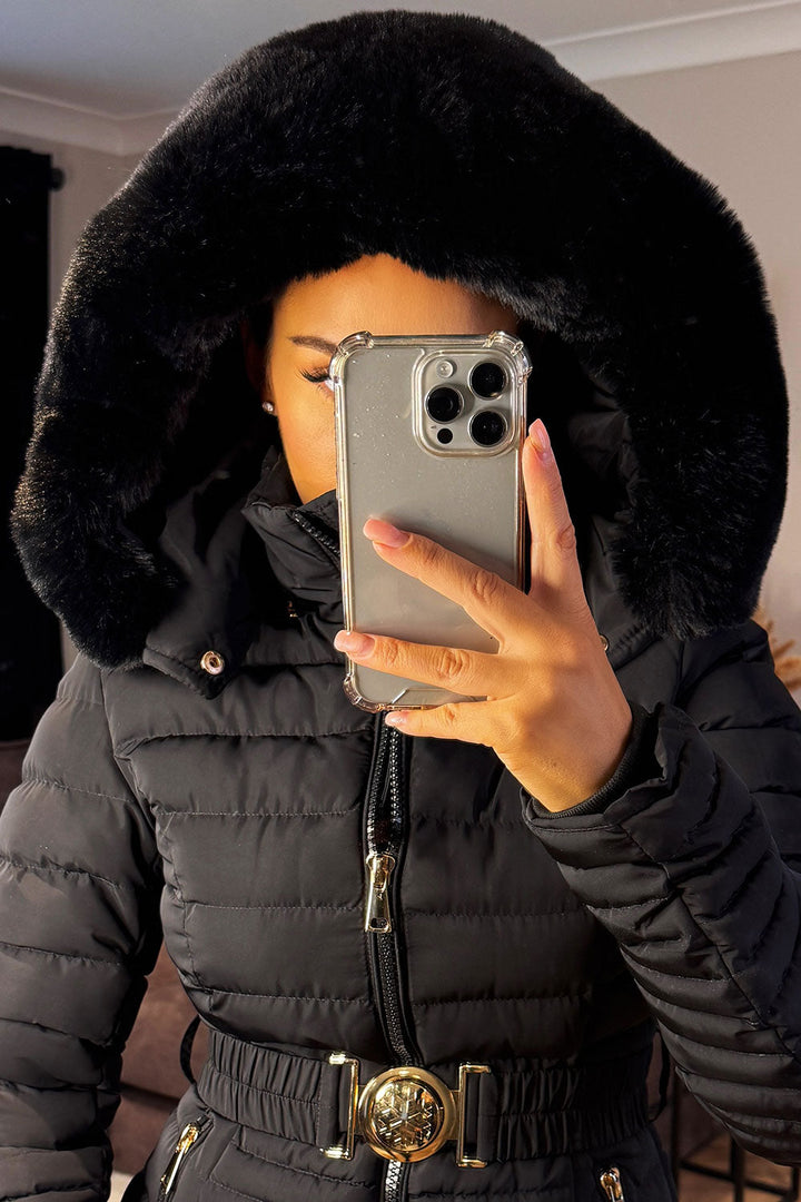 Kahlani | Women’s padded puffer jacket with faux fur hood and belt