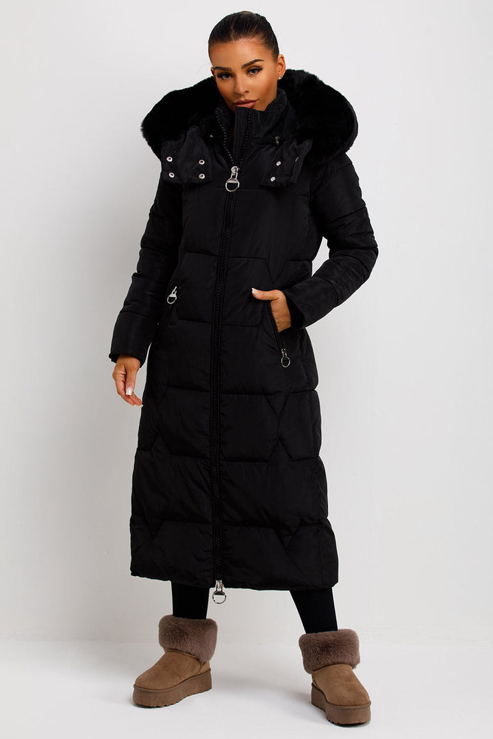 Adaline | Women’s long puffer padded coat with faux fur hood
