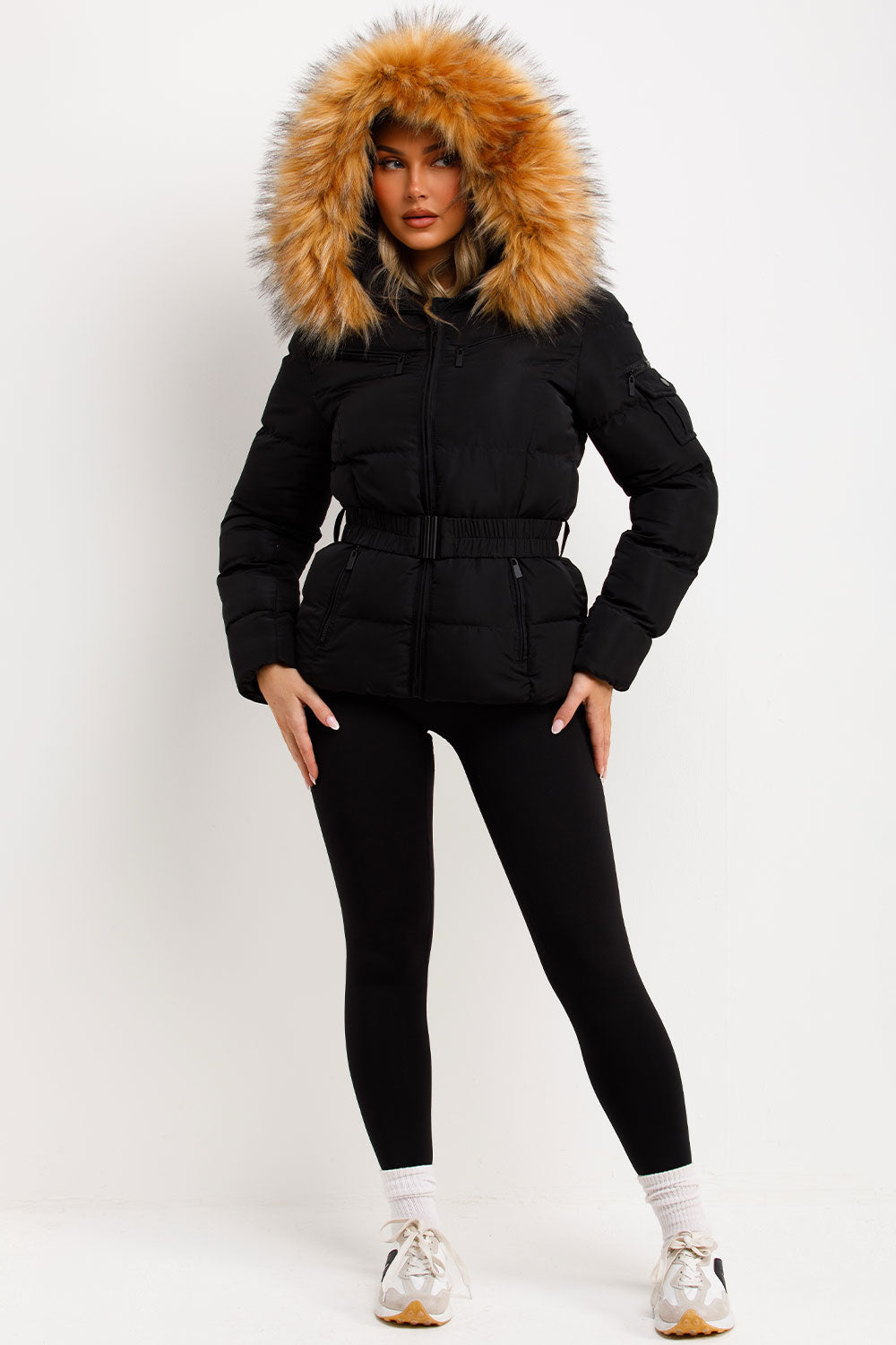 Ameliee | Women’s belted puffer jacket with faux fur hood