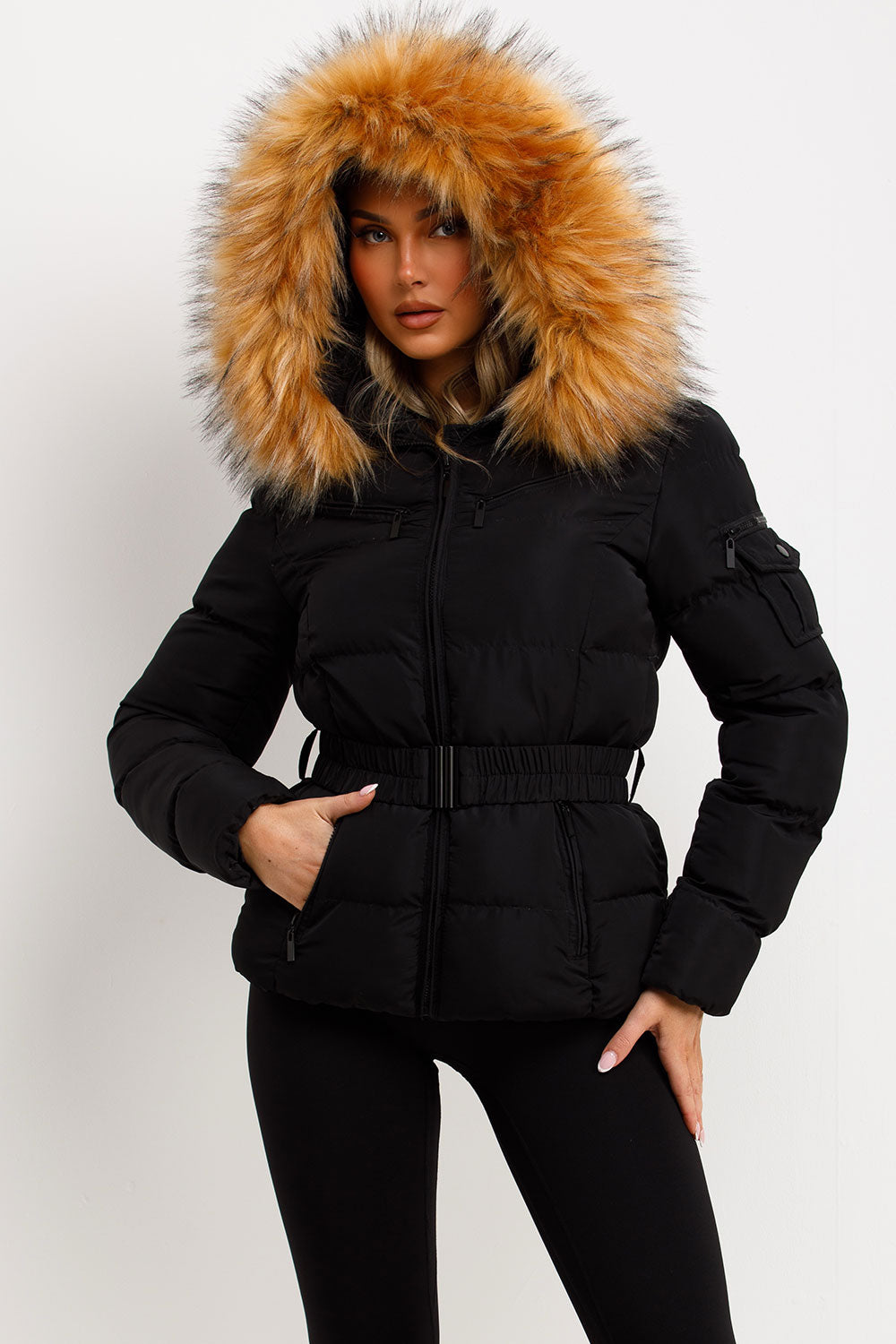 Ameliee | Women’s belted puffer jacket with faux fur hood