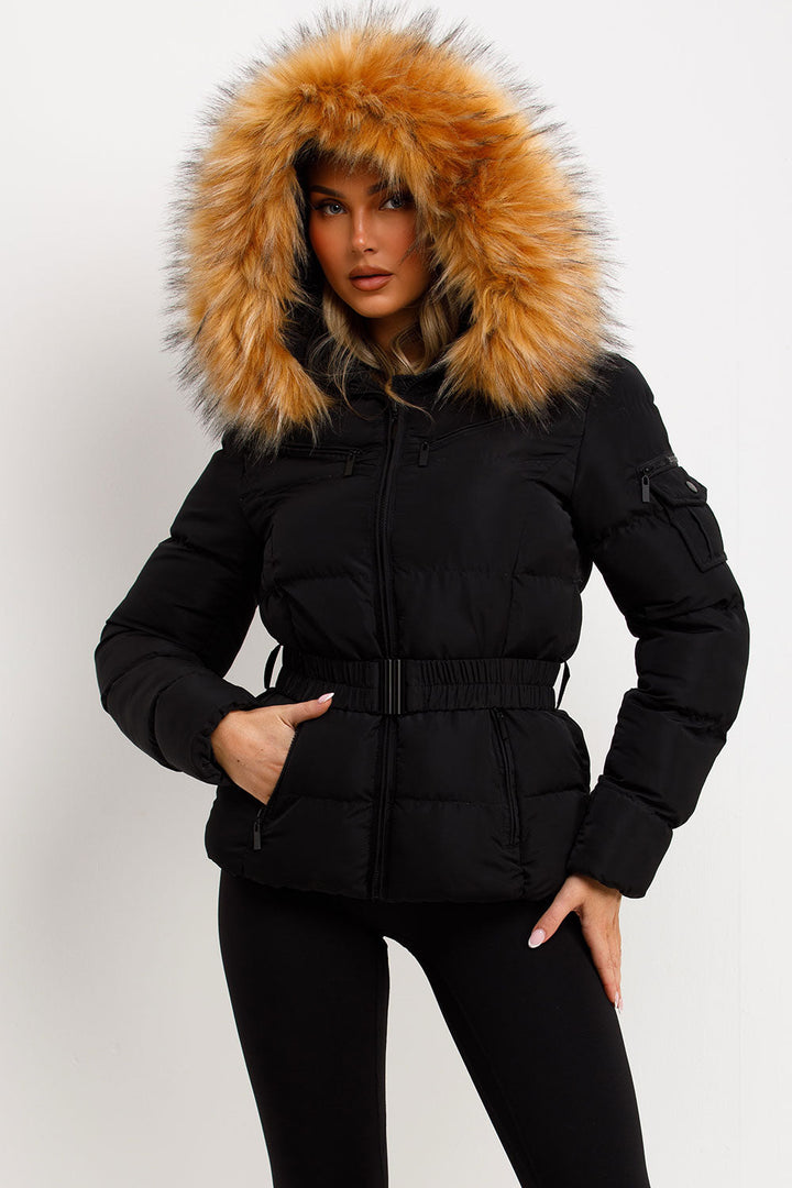 Ameliee | Women’s belted puffer jacket with faux fur hood