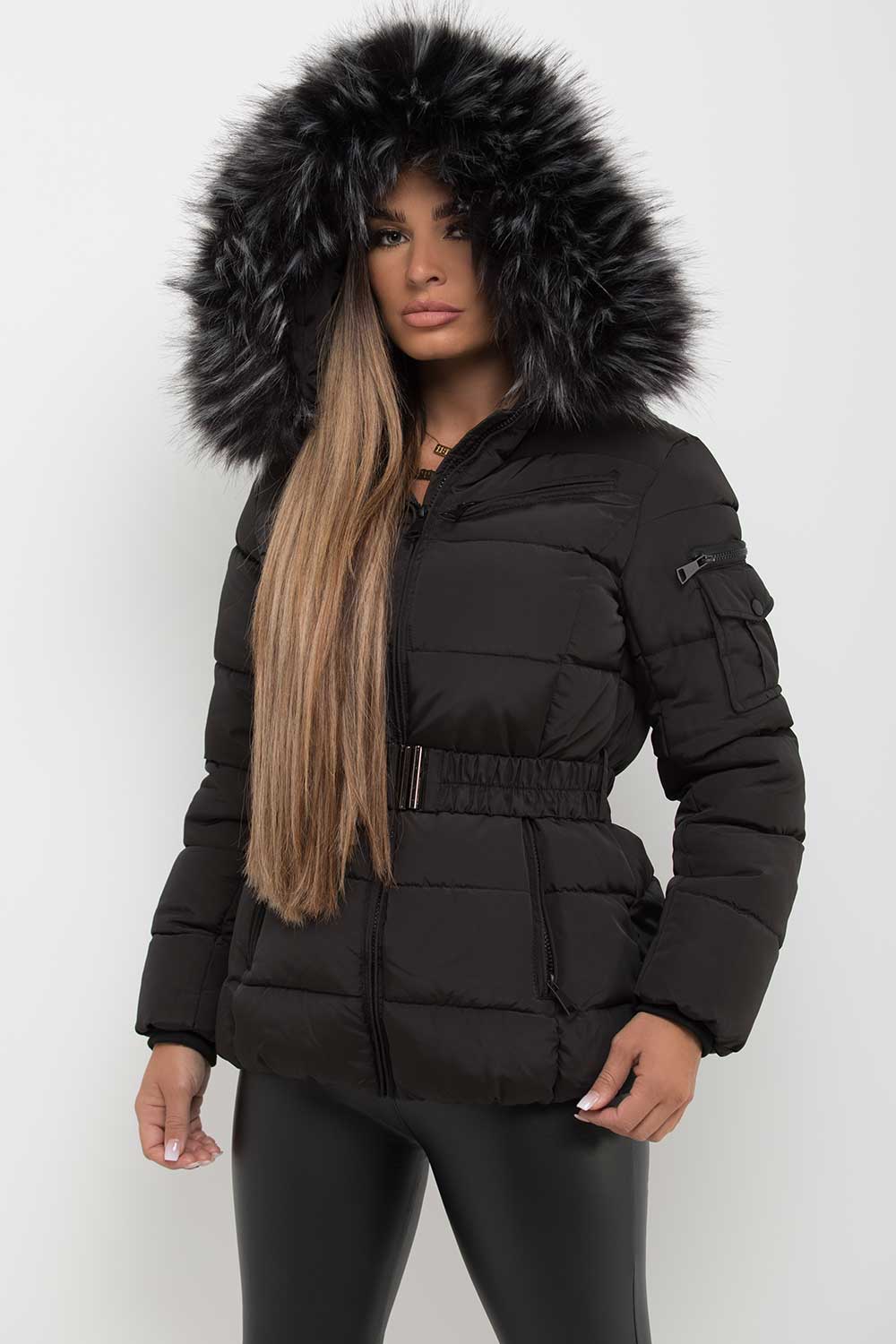 Reya | Women’s belted puffer jacket with faux-fur hood