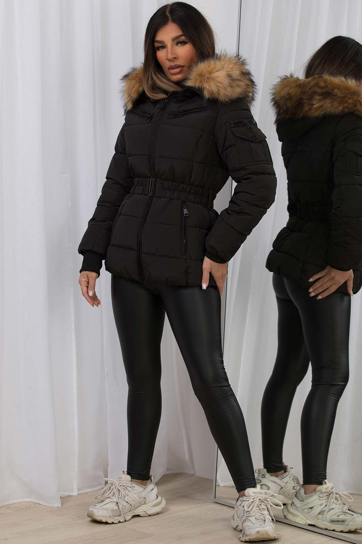 Ameliee | Women’s belted puffer jacket with faux fur hood