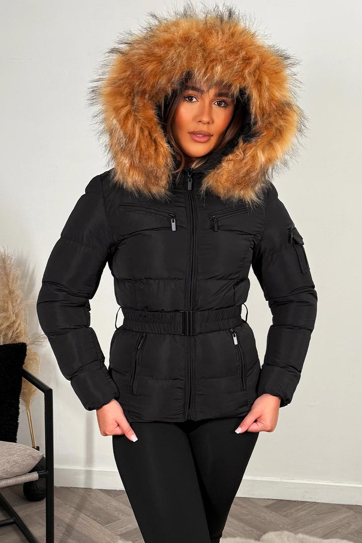 Ameliee | Women’s belted puffer jacket with faux fur hood