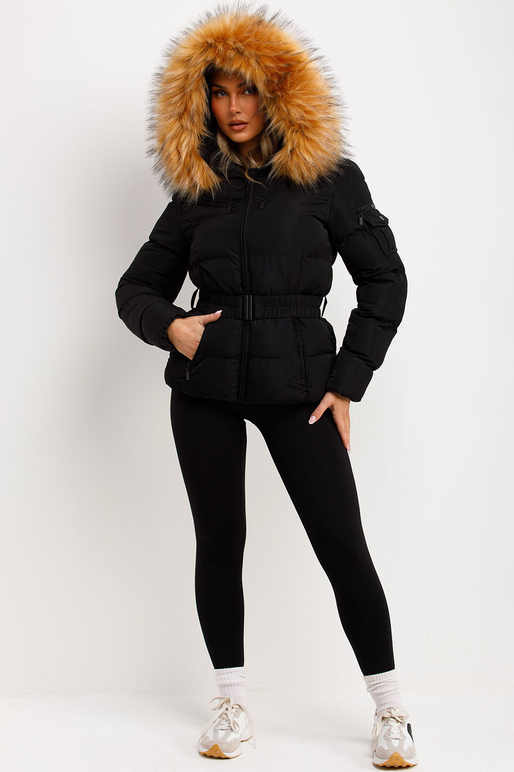 Ameliee | Women’s belted puffer jacket with faux fur hood