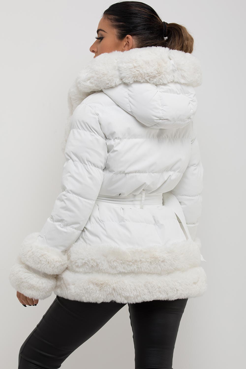 Monica | Women’s faux fur trim hooded puffer jacket with belt