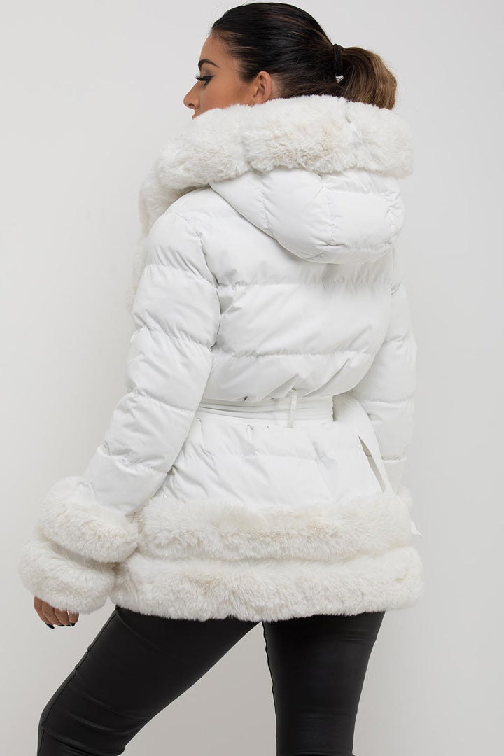 Monica | Women’s faux fur trim hooded puffer jacket with belt