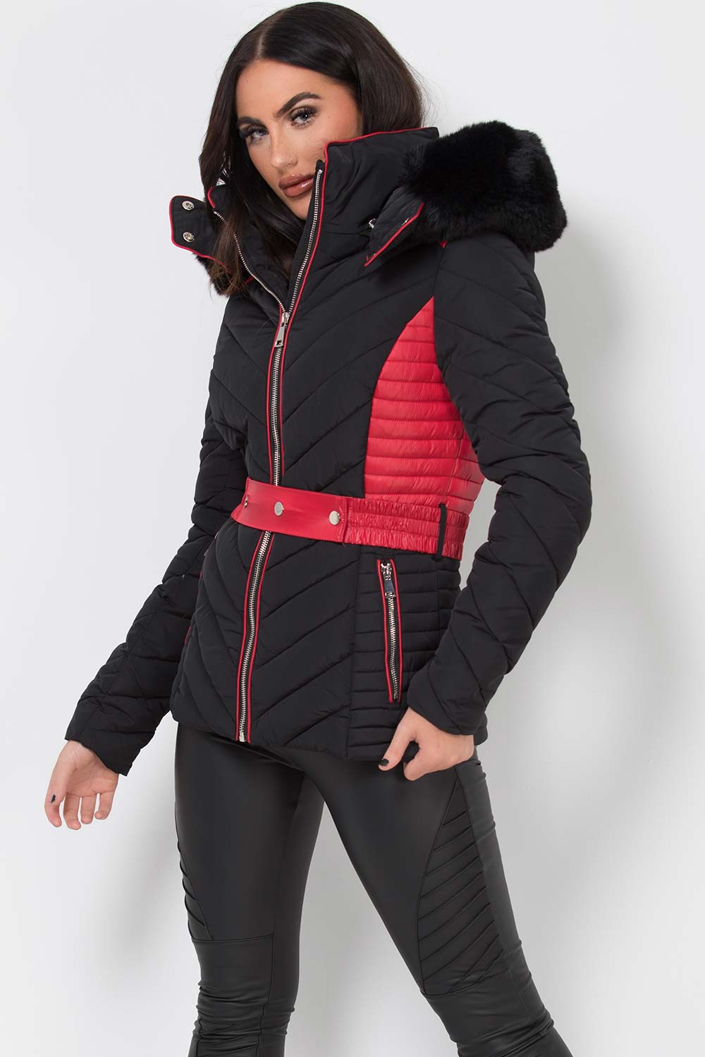 Avayah | Women’s puffer jacket with faux fur hood and belt