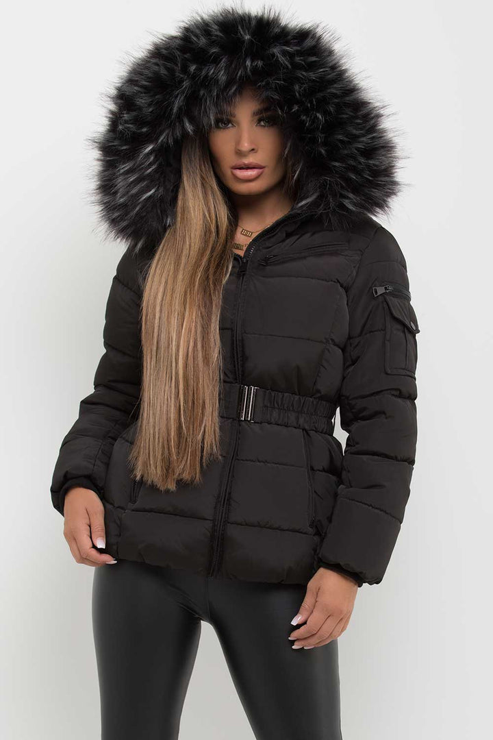 Reya | Women’s belted puffer jacket with faux-fur hood