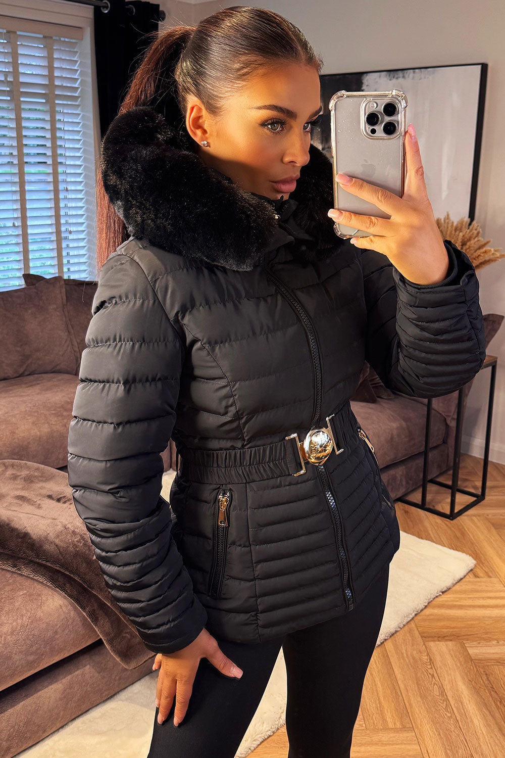 Kahlani | Women’s padded puffer jacket with faux fur hood and belt
