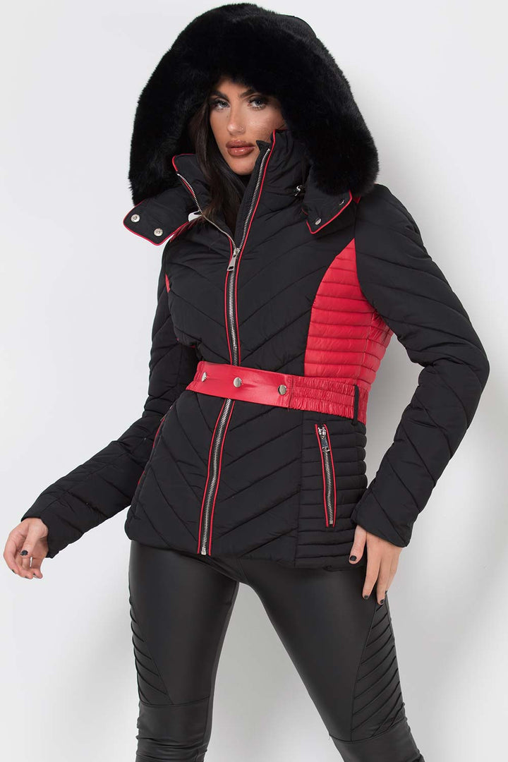Avayah | Women’s puffer jacket with faux fur hood and belt