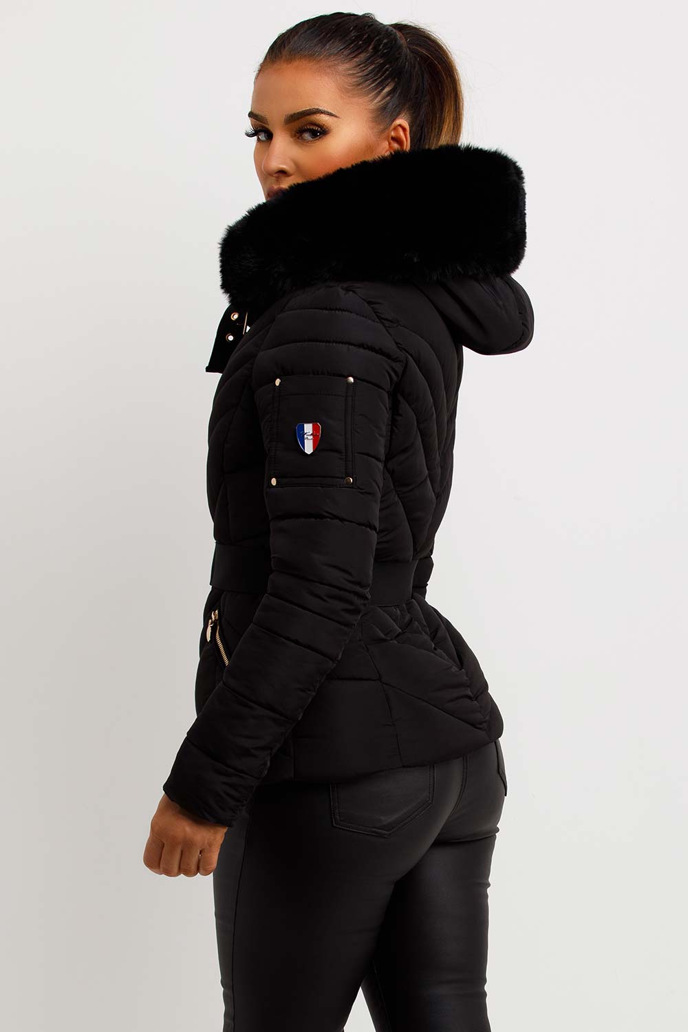 Dalia | Women’s belted puffer jacket with faux-fur hood