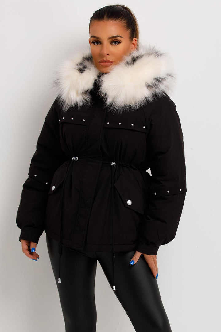 Milena | Women’s faux fur hood coat with stud detail