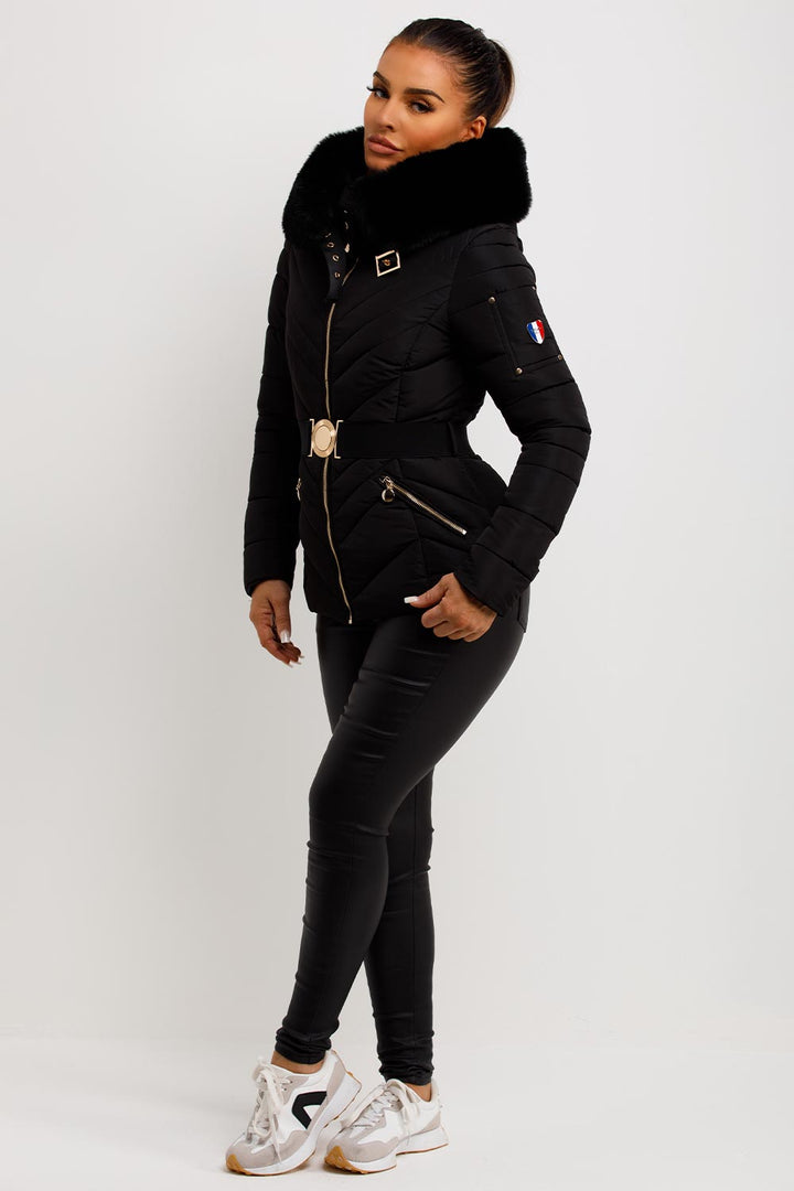 Dalia | Women’s belted puffer jacket with faux-fur hood